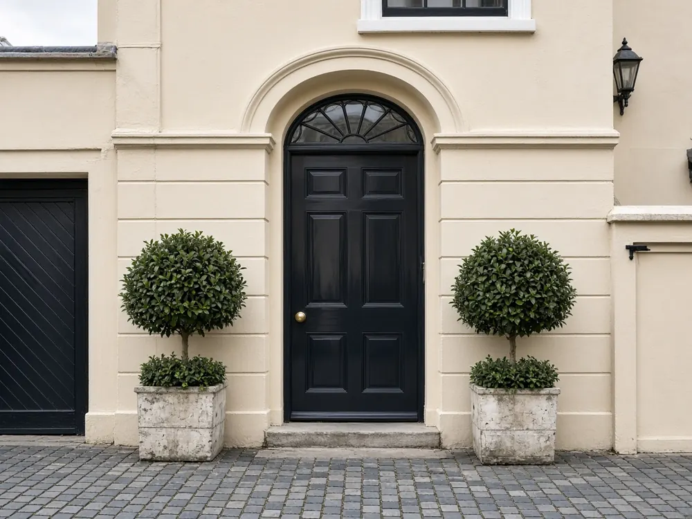 An unbranded black townhouse door between two bay trees on a cobbled mews
