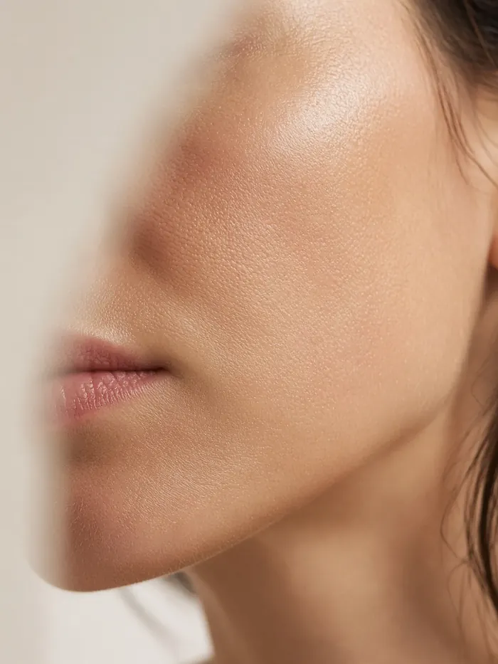 Close-up of healthy, natural-looking skin on a cheek and jawline