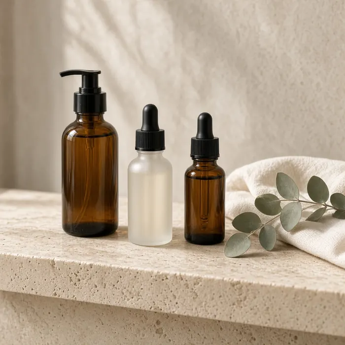 Unlabelled glass skincare bottles on a travertine shelf with eucalyptus
