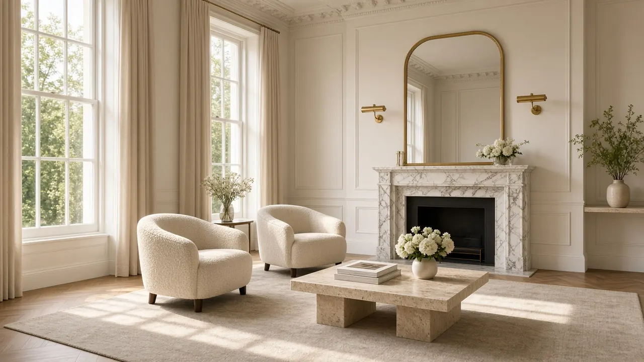 A quiet townhouse waiting room with boucle armchairs, a marble fireplace and a brass-framed mirror