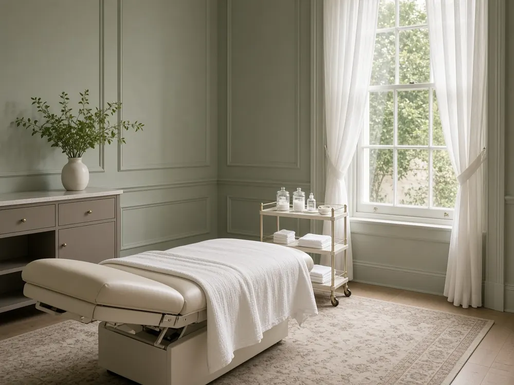 A bright treatment room with sage panelled walls, a treatment bed and sheer curtains