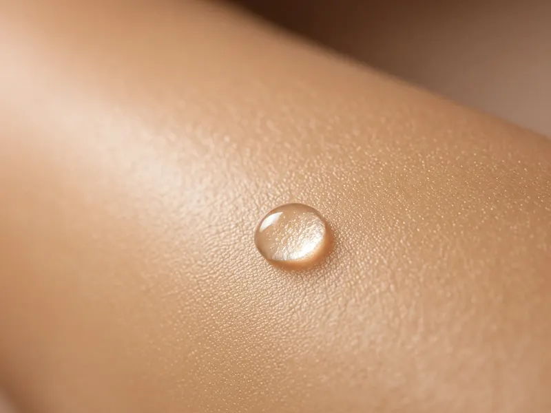 Macro photo of a single drop of serum on smooth, hydrated skin
