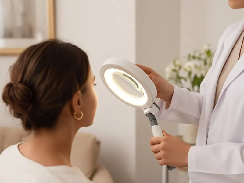 A doctor examining a guest's skin with an illuminated magnifying lamp