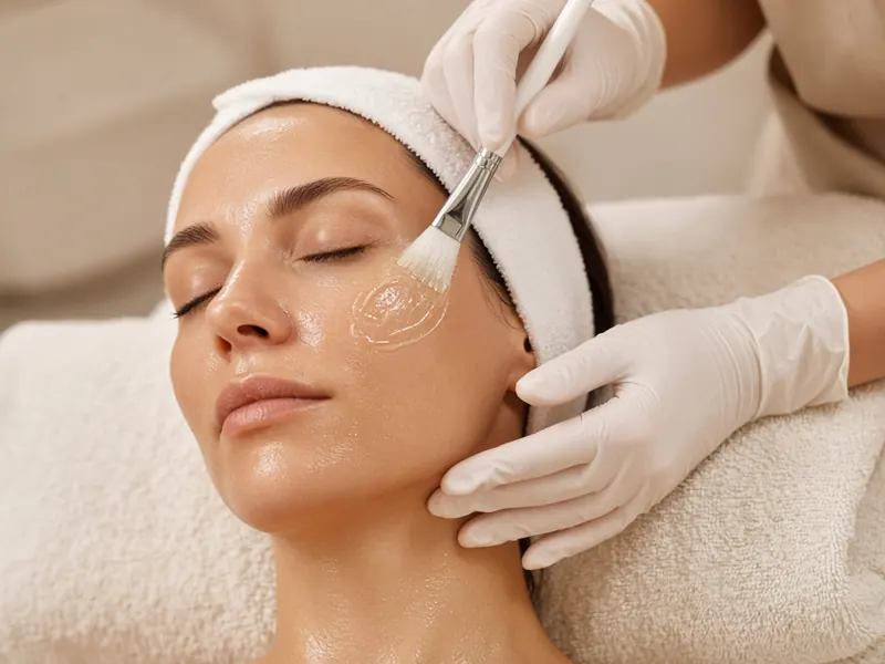 A guest relaxing while a therapist brushes hydrating gel onto her cheek during a medical facial