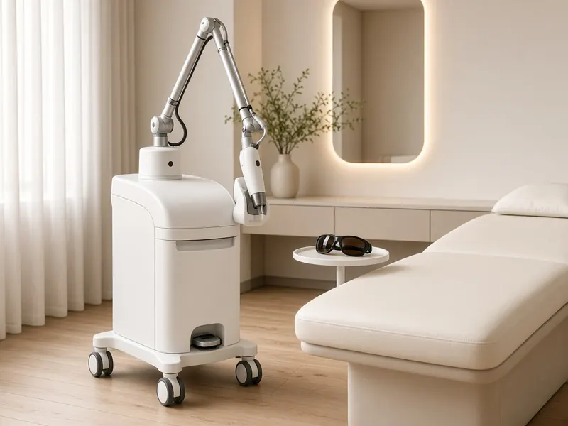 A white laser device beside a cream treatment bed with protective goggles on a side table