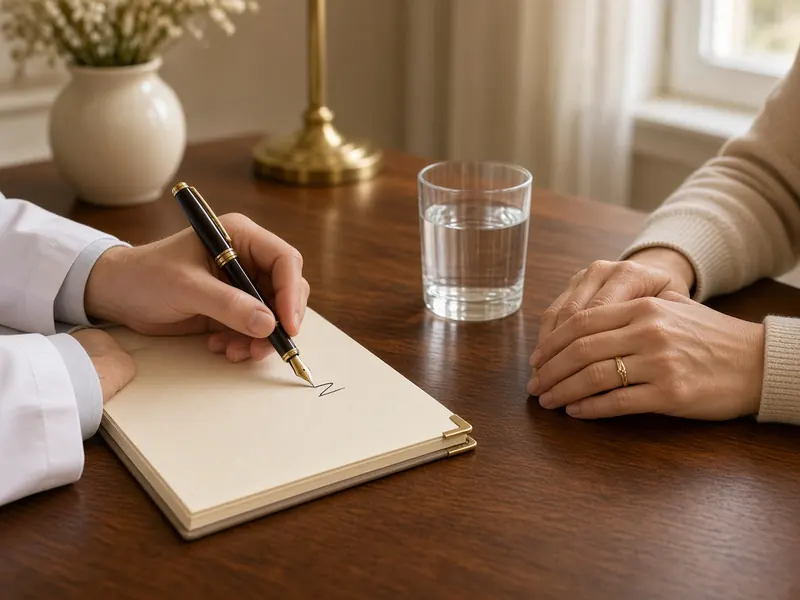 A practitioner writing a treatment plan with a fountain pen across the desk from a guest