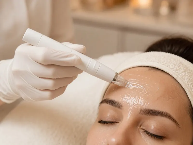 A gloved hand using a white microneedling pen on a guest's forehead
