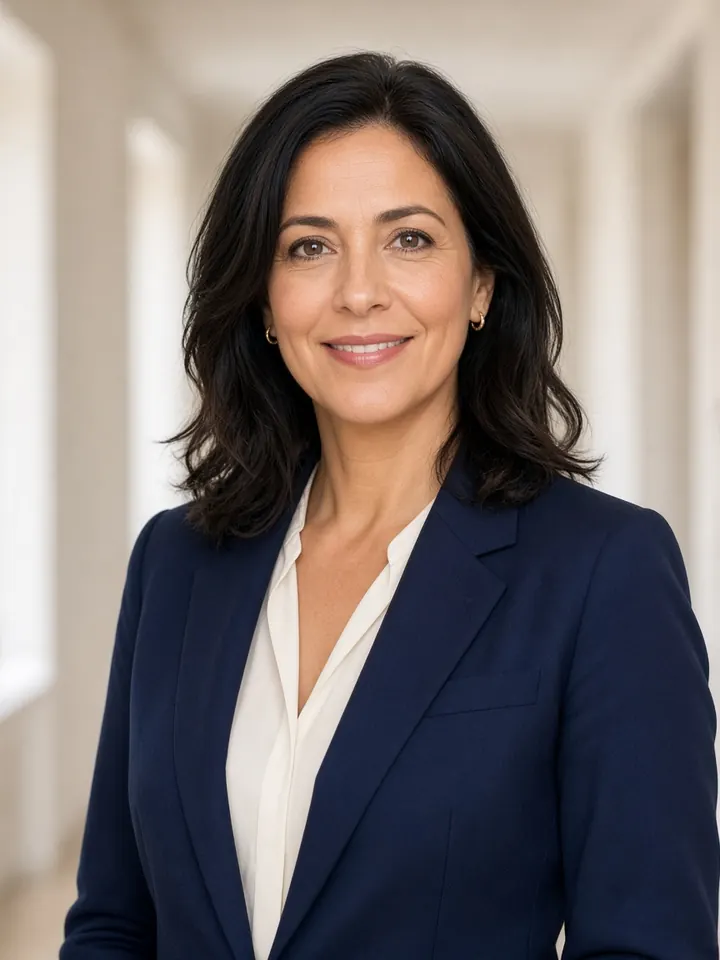 Sample portrait of the fictional medical director, a smiling woman in a navy blazer