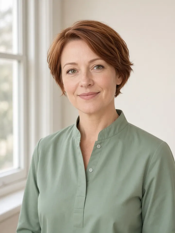 Sample portrait of the fictional nurse prescriber, a woman with short auburn hair in a sage tunic