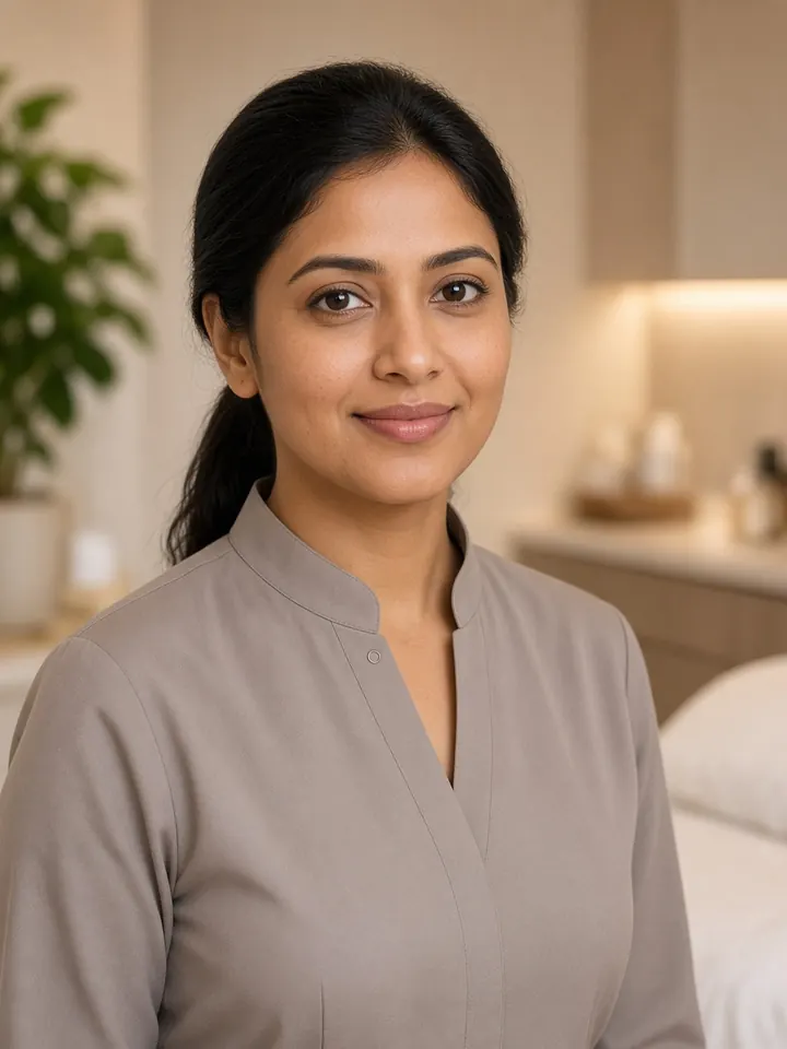 Sample portrait of the fictional skin therapist, a woman with dark hair tied back in a taupe tunic