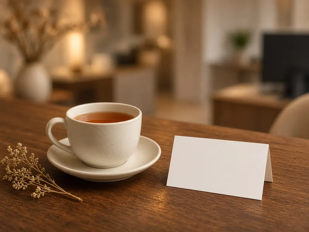 A cup of tea and a blank welcome card waiting on a walnut reception desk