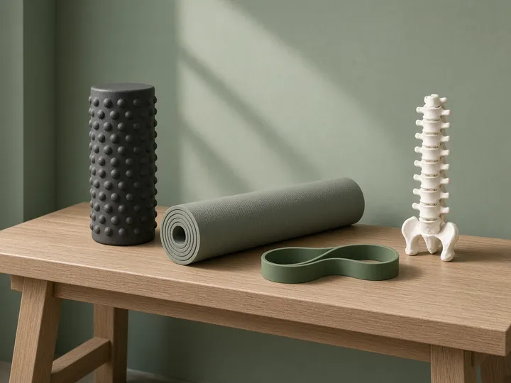 A foam roller, exercise mat, resistance band and a model of a spine