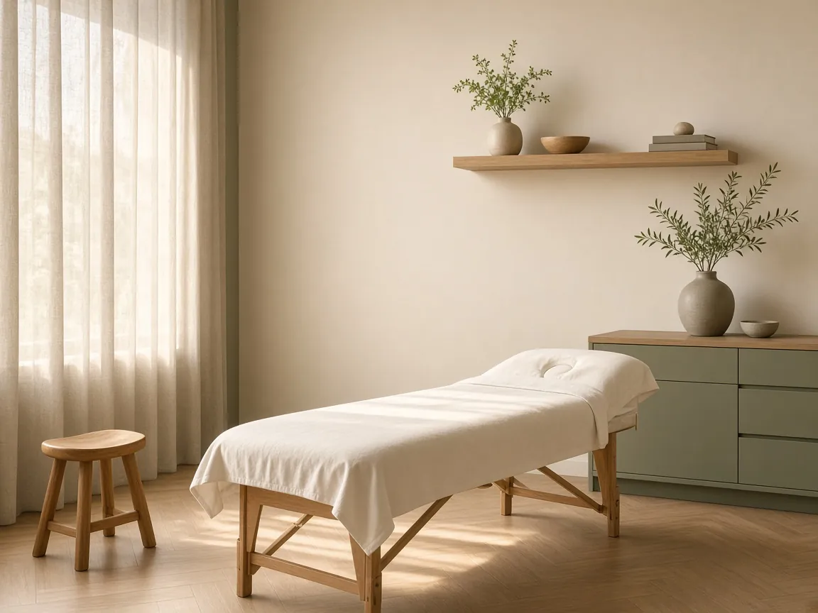 A calm private treatment room with a couch and soft daylight