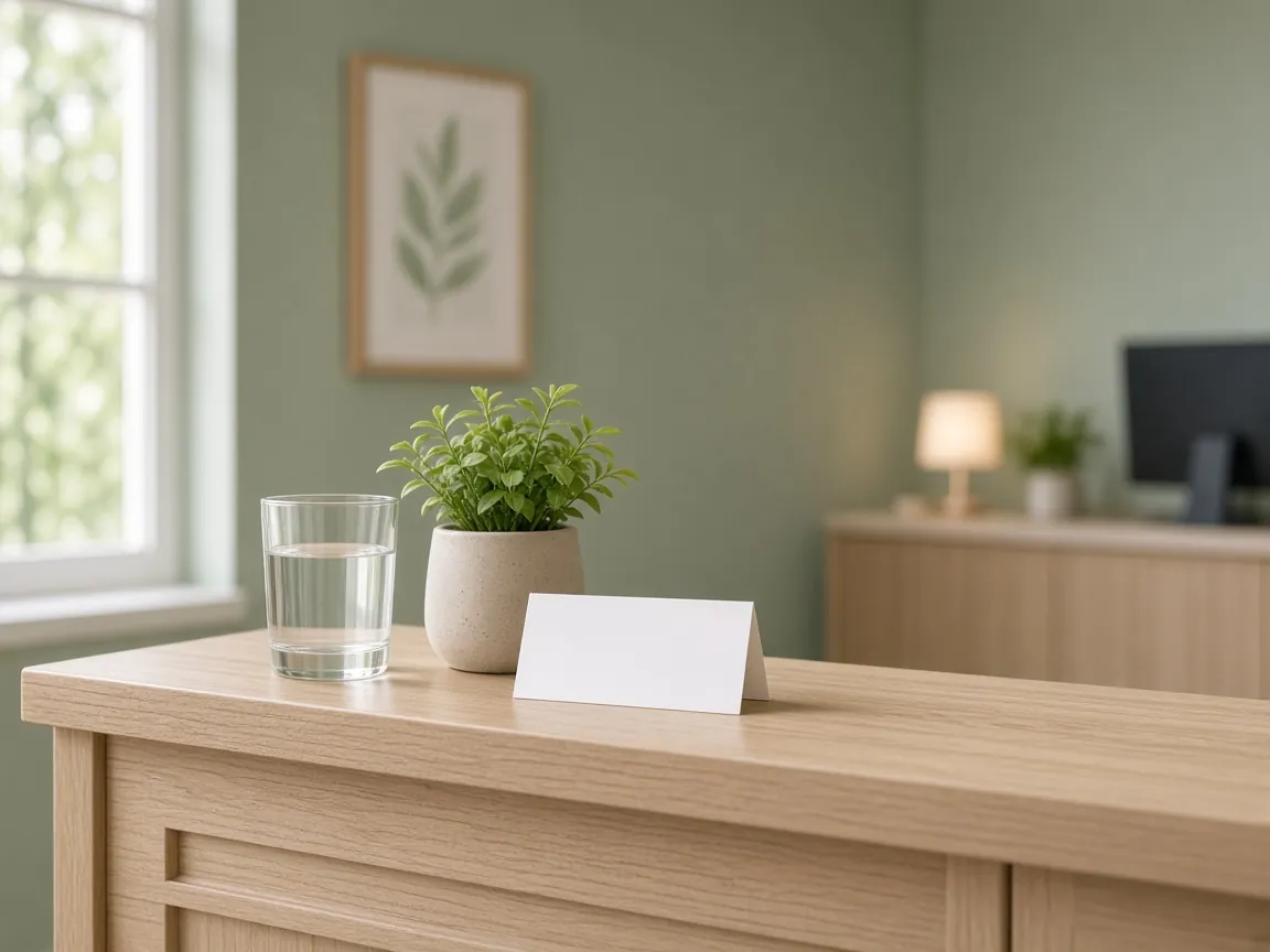 A tidy reception desk with a plant and a blank appointment card